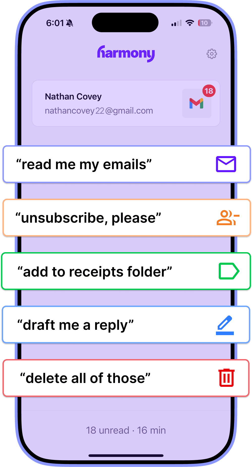 Harmony AI Email Assistant App - Voice-controlled Gmail management interface